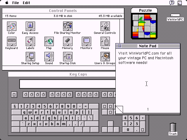 Mac OS System 7 Control Panel, Note Pad, Puzzle, and Key Caps (1991)